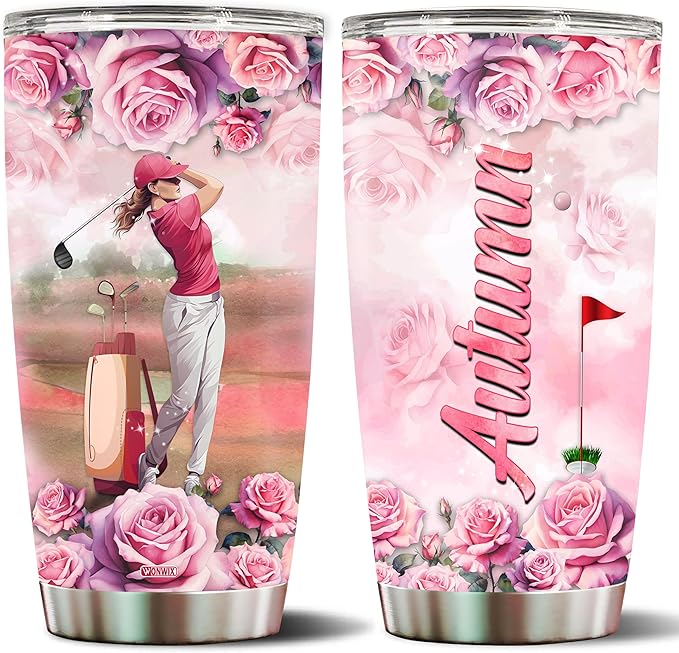 WONWIX Personalized Golf Coffee Mug for Women, Insulated 20oz Stainless Steel Tumbler Water Bottle Gift for Golf Lovers, Wife, Daughter, Mom, Ideal Christmas, Birthday, Mother's Day, Valentine Gifts