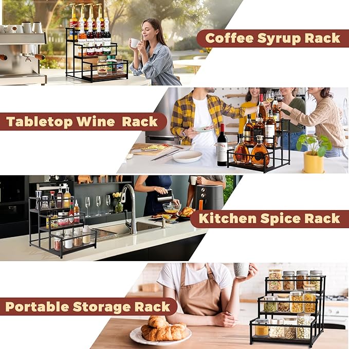 Coffee Syrup Rack Organizer - Metal Bottle Holder for 12 Bottles ??Rustic Countertop Display Shelf for Coffee Bar, Kitchen Cabinet, Pantry Storage for Syrups, Liquor, Spice, Tea & Wine (3-Tier)