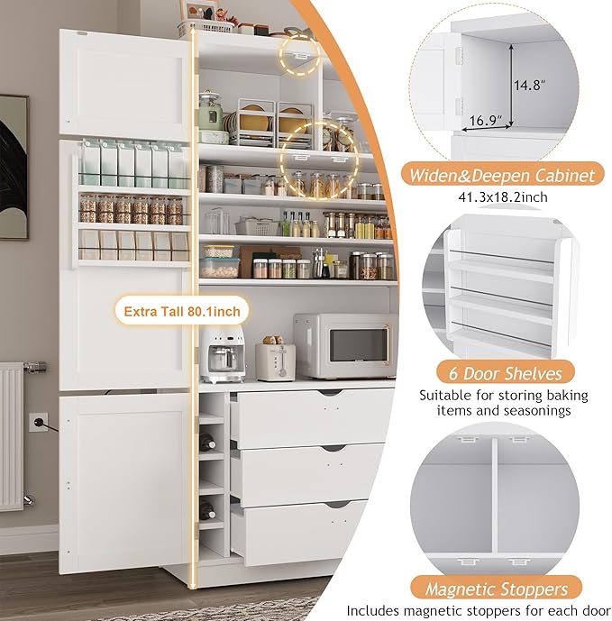 Ball & Cast 80?쿟all Freestanding Kitchen Pantry Cabinet with 2 Power Outlets & 3 Large Drawers,41" W Versatile Farmhouse Pantry Storage Cabinet w/Adjustable Shelves and Door Shelves,for Kitchen
