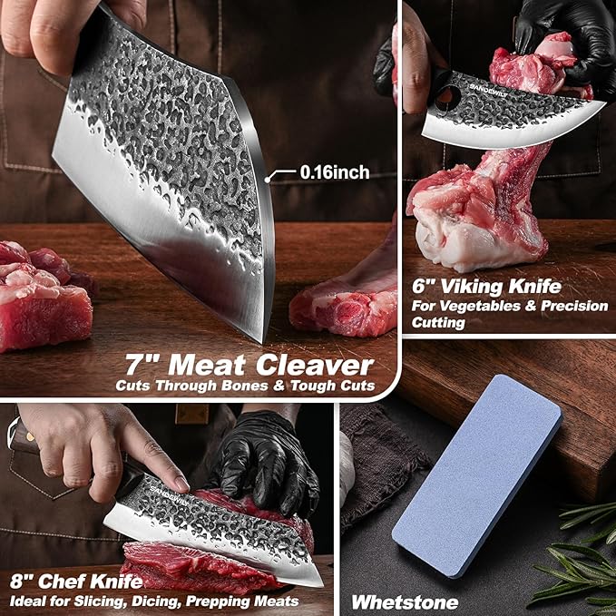 Hand Forged Butcher Knife Set, 7" Meat Cleaver + 8" Chef Knife + 6" Viking Knife, Full Tang High Carbon Steel, Wooden Handle, Whetstone, Durable for Meat Cutting, BBQ and Outdoor Cooking