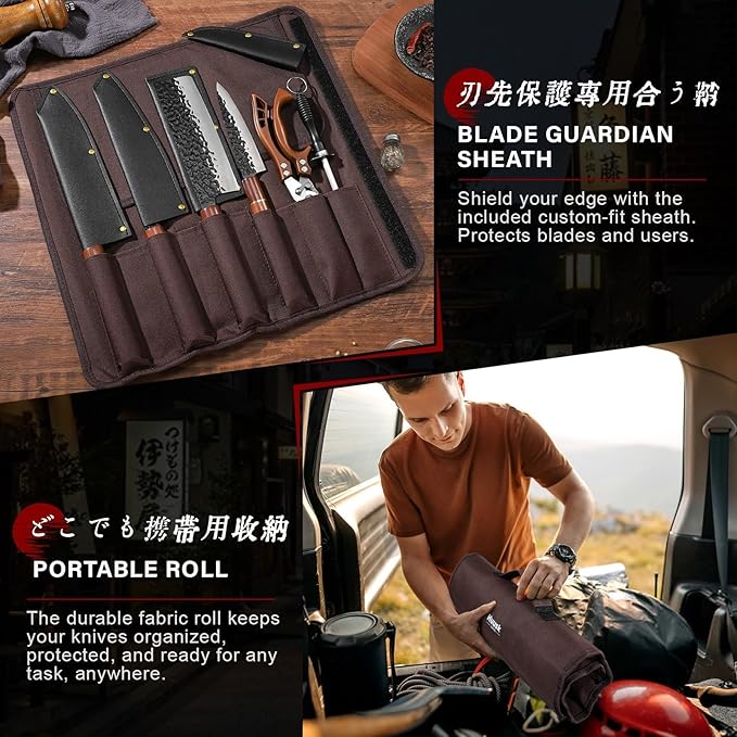 Huusk Japanese Knife Set 6pcs with Covers - Professional Chef Knife Set with Bag & Sharpener, High Carbon Steel Forged Knives Sets with Scissors, Japanese Kitchen Knives Sets, Christmas Gifts for Men