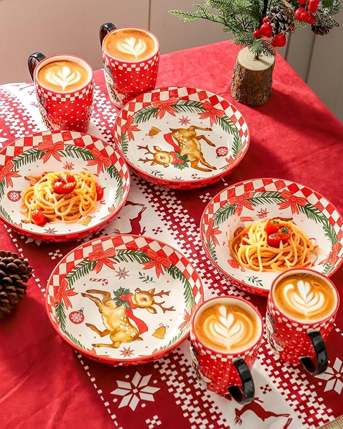 HASENSE Christmas Dishes,42OZ Pasta Bowl Set of 4, Ceramic Soup Bowl for Holiday Serving, Christmas Gifts for Women,Family, Friends,Seasonal Table D챕cor, and Winter Family Meals, Colorful