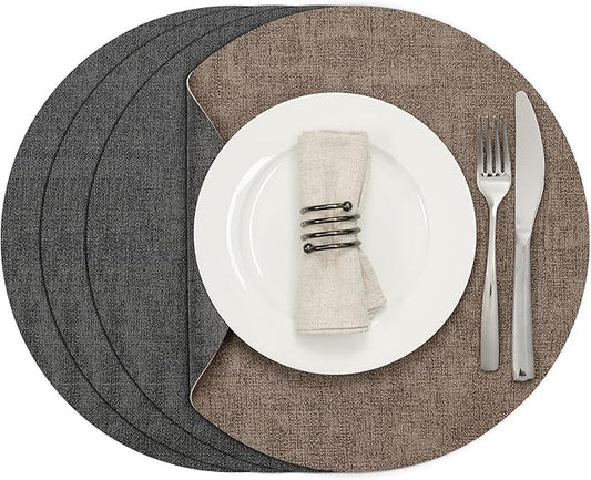 Myir JUN Round Placemats, Dual Sided Faux Leather Place Mats Set of 4 Indoor/Outdoor Non-Slip Washable Table Mats (Gray Brown, Set of 4)