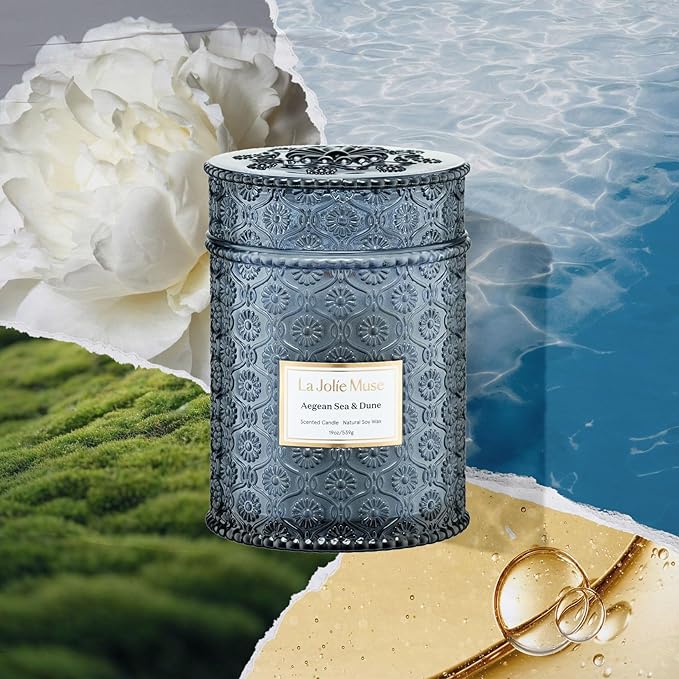LA JOLIE MUSE Aegean Sea & Dune Candle ?밅ool Water, White Florals & Warm Amber | 19 oz Large Wooden Wick Candle | Natural Soy Wax | 90 Hours Clean Burn | Gift-Ready for Hosts & Gatherings