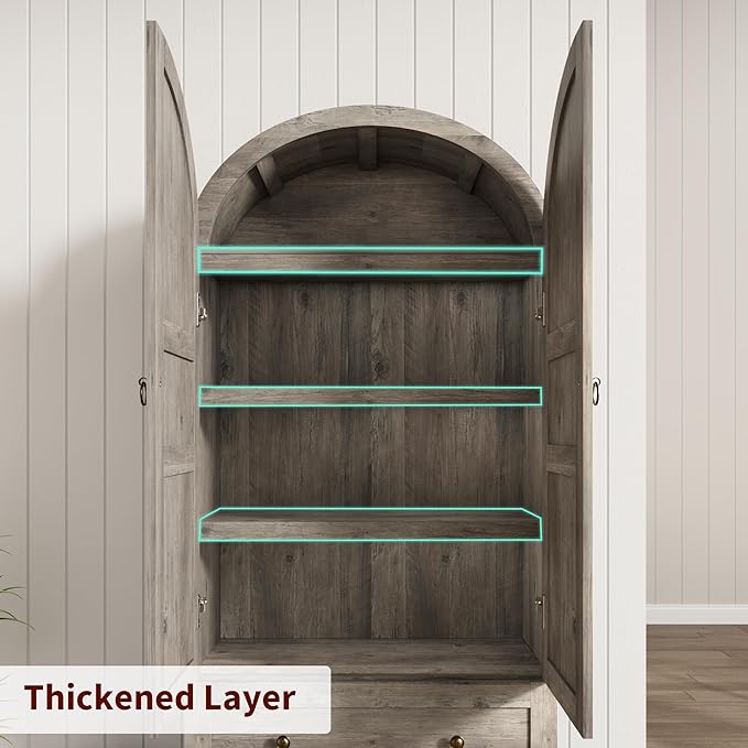 CABIHOME 72" Tall Arched Kitchen Pantry Cabinet, Freestanding Farmhouse Storage Cupboard with Doors, Drawers & Shelves, Versatile Wooden Organizer for Dining Room, Living Room, Rustic Gray
