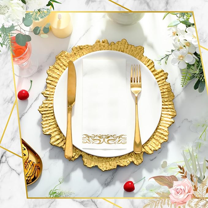Nitial 100 Set Reef Charger Plate Set Bulk 13 Plastic Charger Plates Ruffled Rim with Paper Napkins Guest Towels for Table Setting Wedding Party (Gold)