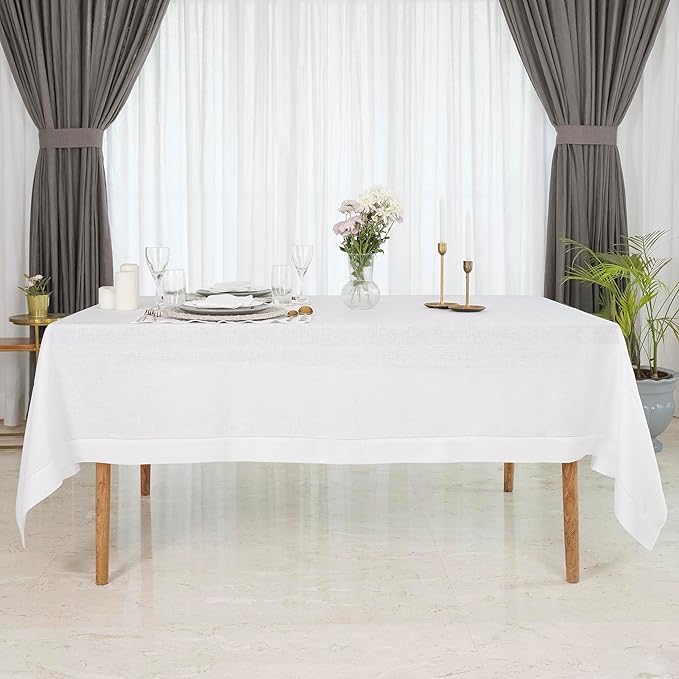 D'Moksha Homes White Linen Tablecloth for Rectangle Tables 60 x 102 Inch - Classic Hemstitch 100% Pure Linen White Table Cloth - Machine Washable Dining Tablecloth for Valentines, Spring, Easter