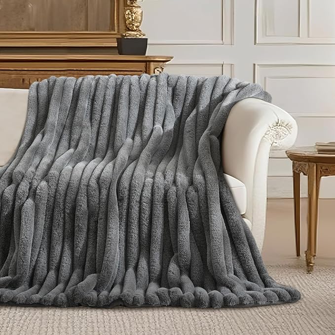 Am챕lie Home Faux Fur Throw Blanket for Couch, Ultra Cozy Fuzzy Fluffy Fur Luxurious Soft Striped Plush Gift Blankets for Family Sofa Chair Bedroom, 60"x80", Cationic Wolf Gray
