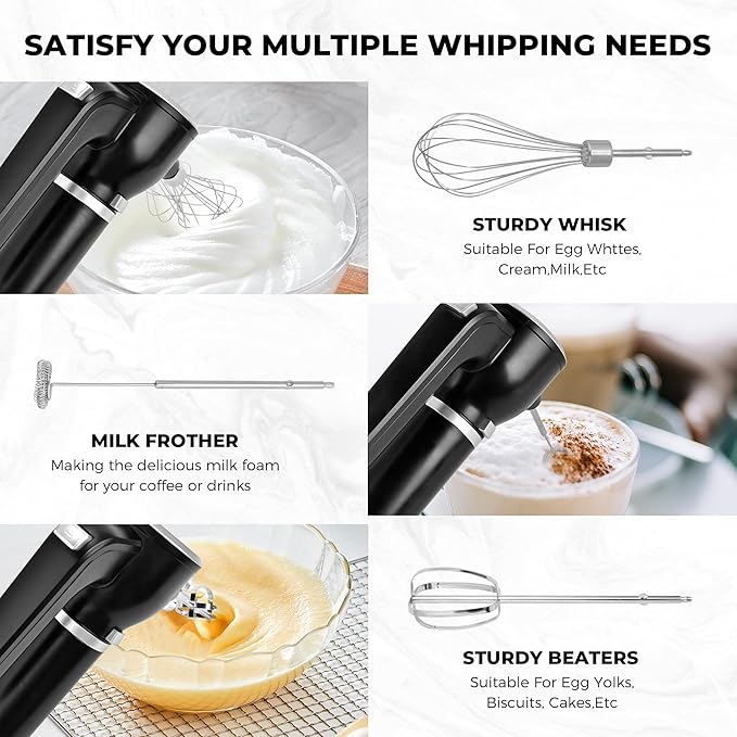 Pukomc Hand Mixer,5-in-1 Multifunctional Portable Charging Device Hand Blender,with lmmersion Blender and Beater,Whisk,Milkshake Bars,Blender Vessel,Easy to Clean,Black