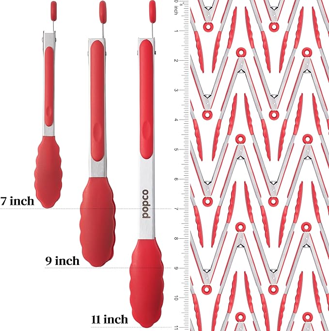 Popco 3-Piece Kitchen Tongs Set ??Stainless Steel Heat Resistant Silicone Tips, Strong Comfort Grip, 3 Sizes (7, 9, 12 Inch), Non-Scratch, Dishwasher Safe, for Cooking, BBQ, Salad