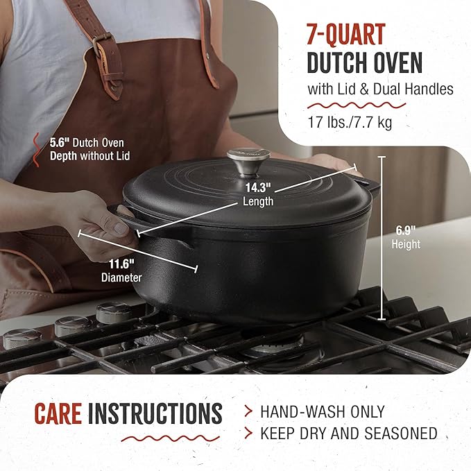 Victoria Cast Iron Large Dutch Oven with Lid and Dual Handles. 7 Quart Pot Seasoned with 100% Kosher Certified Non-GMO Flaxseed Oil