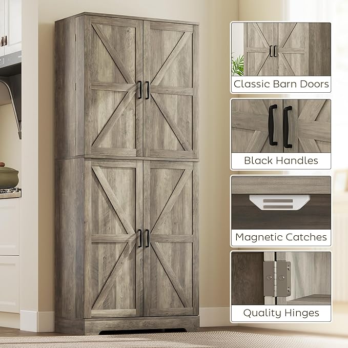 HOMCOM 72" Farmhouse Kitchen Pantry Cabinet, Freestanding Tall Storage Cabinet with 4 Barn Doors, 4 Adjustable Shelves and 8 Door Shelves, Gray Wash