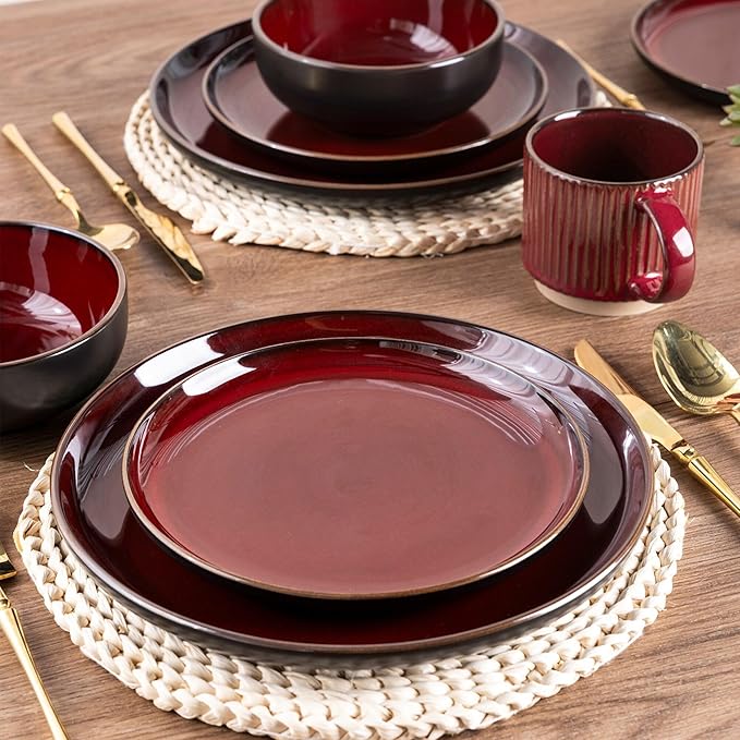 GBHOME Ceramic Dinnerware Sets for 4, 12 Pieces Stoneware Plates and Bowls Sets, Scratch Resistant Dishes, Dishwasher & Microwave Safe, Reactive Glaze-Burgundy