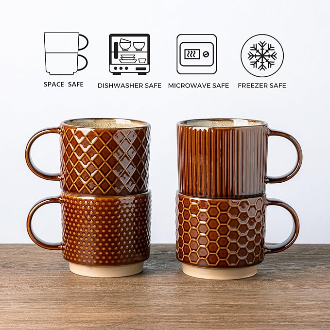 GBhome 8 OZ Stackable Coffee Mugs, Ceramic Coffee Mugs with Texture Patterns for Man,Woman,Dad,Mom, Modern Coffee Cups Set of 4 for Espresso/Cappuccino. Dishwasher&Microwave Safe,