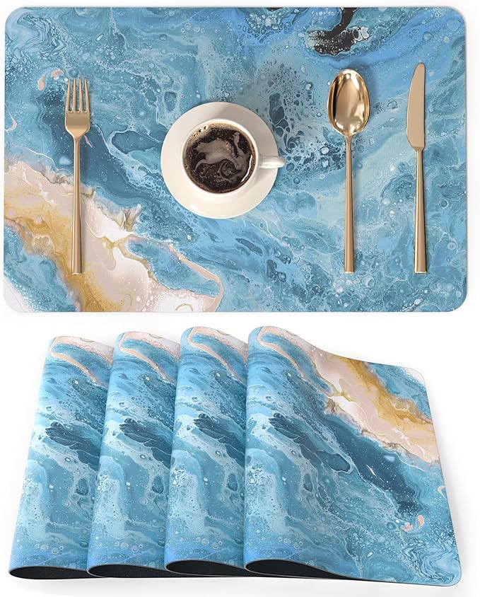 QIYI Placemats Set of 4, 12x18 Inch Faux Leather Place Mats for Kitchen Dinning, Heat Resistant Non Slip Pink Table Mats, Waterproof Wipeable Washable Placemat Party Table D챕cor, Blue Fluid Marble