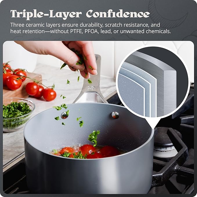 Premium Non-Toxic Ceramic Cookware Set ??Triple-Layer Nonstick 12 Piece Pots and Pans with Lids, PFAS-Free, Oven Safe for Healthy Meals, Space-Saving Design, Midnight Gray Color | Greater Goods