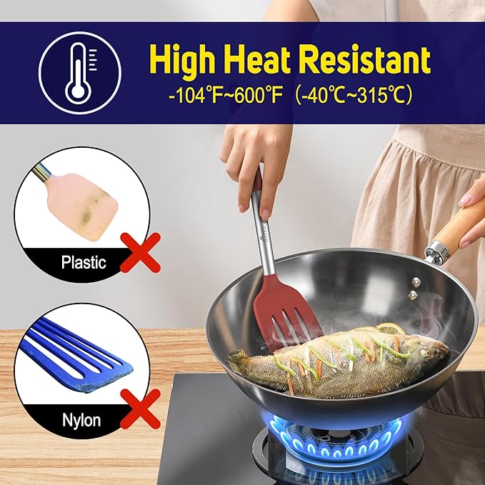 HOTEC Silicone Spatula Set of 2 Heat-Resistant 600째F & BPA-Free Kitchen SaptulaTurner with Stainless Steel Handles, Slotted & Solid Spatulas for Nonstick Cookware, 13.7 Inch, Red
