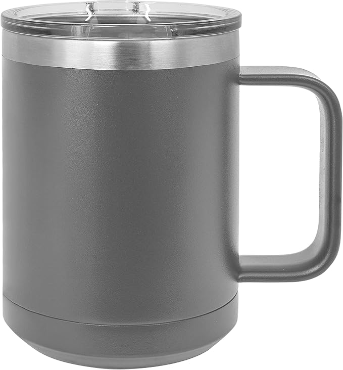 Clear Water Home Goods - (Bulk Pack of 12-15 oz Double Wall Coffee Mug with Lid and Handle, Double Insulated Stainless Steel Travel Tumbler Cup - Powder Coated - Dark Gray