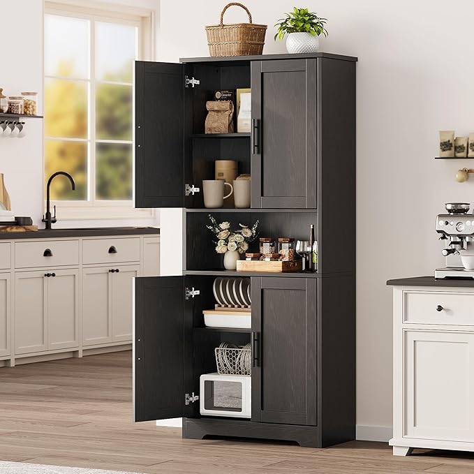 70" Tall White Pantry Cabinet with Doors, Freestanding Storage Cabinet with Adjustable Shelves for Kitchen, Dining Room, Bathroom, Living Room,Black
