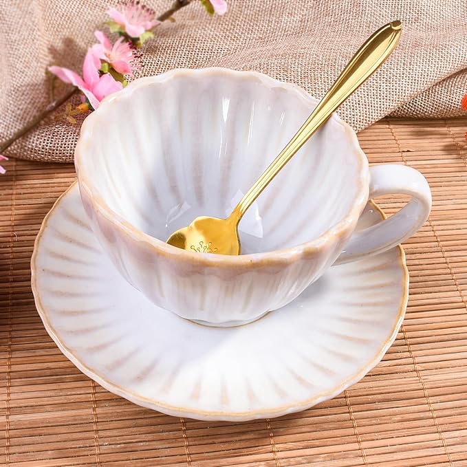 Ceramic Floral Coffee Mug with Saucer Set with Spoon- Vintage Glazed Tea Cup and Coaster for Cafe/Home/Office,White, Petal-Shape Design
