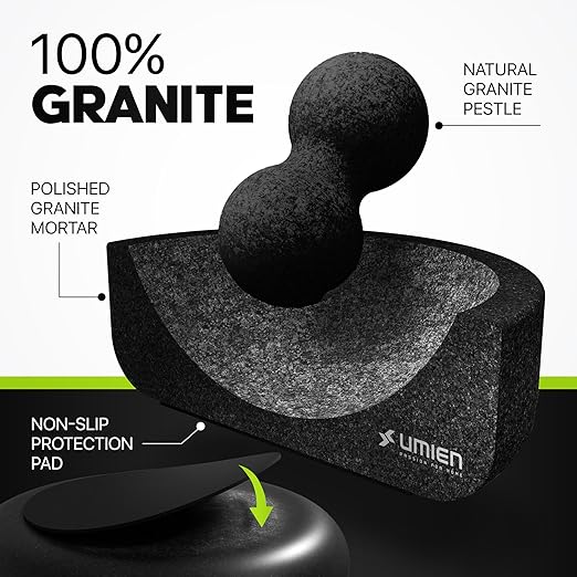 Umien Granite Mortar and Pestle Set - 8-Inch Natural Stone Molcajete with Avocado Tool - 3.5 Cup Capacity for Spices, Herbs, Pestos & Guacamole - Premium Kitchen Christmas Gift (Black)
