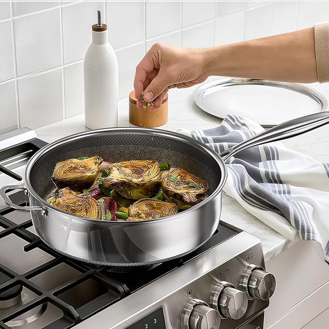 5 Qt Saut챕 Pan with Lid, 10-inch 5 Ply Stainless Steel Sauce Pan with Lid, Non Stick Frying Pans, Cooking Pot Deep Frying Pan Non-Toxic, For Induction, Oven, Dishwasher Safe