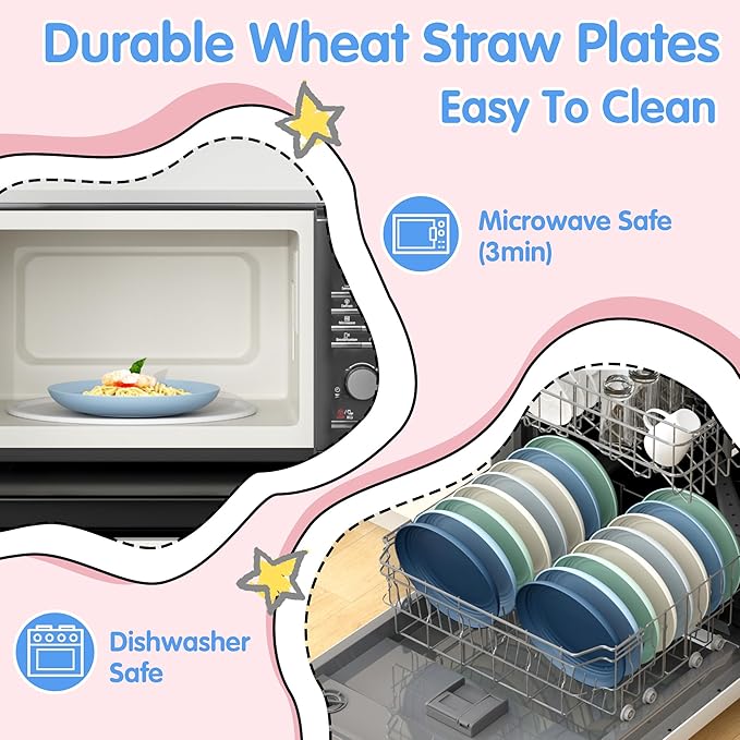 Quatish 10 PCS Unbreakable Reusable Plastic Plates,8 inch Dishwasher & Microwave Safe Dinner Plate, Easy-to-Clean Lightweight,Portable for Kitchen & Picnics Wheat Straw Plates（Blue）