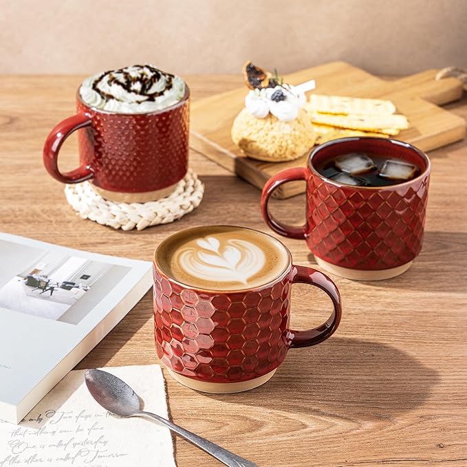 GBhome 12 OZ Stackable Coffee Mugs, Ceramic Coffee Mugs with Texture Patterns for Man,Woman,Dad,Mom, Modern Coffee Mugs Set of 4 for Latte/Cappuccino/Cocoa. Dishwasher&Microwave Safe