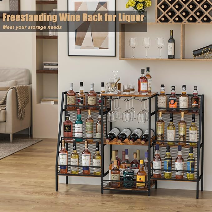 6-Tier (Safe Height for Kids & Pets) Freestanding Wine Rack with Glass Holders & Fences, Large Bar Cabinet for Home, Liquor Stand for Wine Bottles, Christmas & Holiday Party Wine Shelf