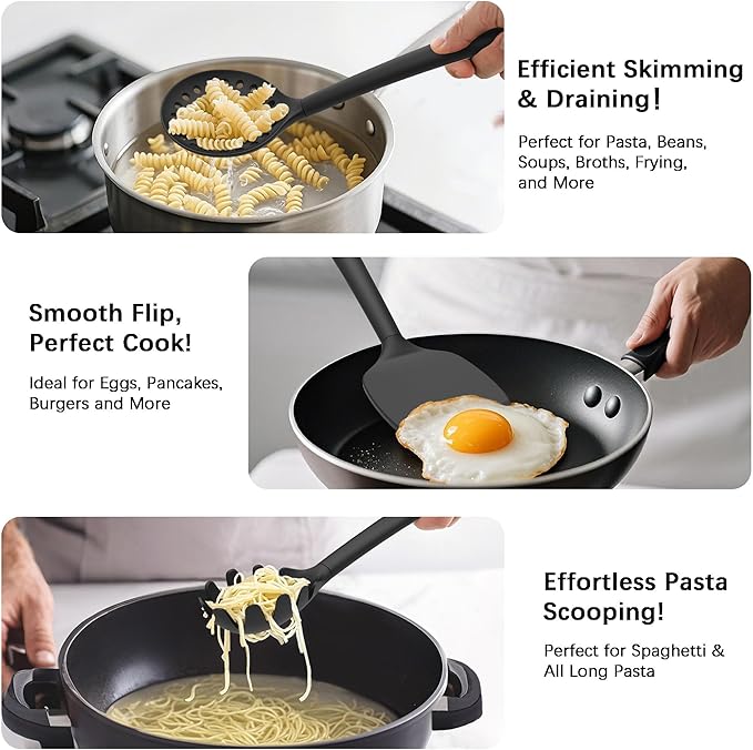 Coukre Silicone Kitchen Cooking Utensils Set with Holder ??Heat-Resistant, Food-Grade Kitchen Tools, Spatula, Spoon & Gadgets for Non-Stick Pans, Dishwasher Safe (14, PureBlack)