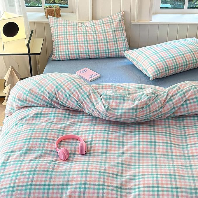 LifeTB Queen Comforter Set Multi-Colored Gingham Comforter Modern Style Checkered Pattern Comforter Set Colorful Grid Plaid Bedding Comforter Fluffy Soft Lightweight Grid Bedding Set Breathable