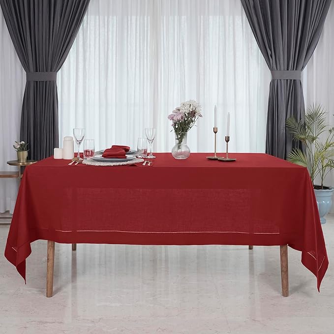 D'Moksha Homes Red Linen Tablecloth for Rectangle Tables 60 x 84 Inch - Classic Hemstitch 100% Pure Linen Red Table Cloth - Machine Washable Dining Tablecloth for Valentines, Spring