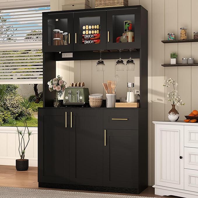 Tall Kitchen Pantry Cabinet with Hutch: Food Pantry Storage Cabinet with Drawers, Black Kitchen Cupboard Cabinets Free Standing, Buffet Hutch Cabinets with Doors and Shelves (Black)