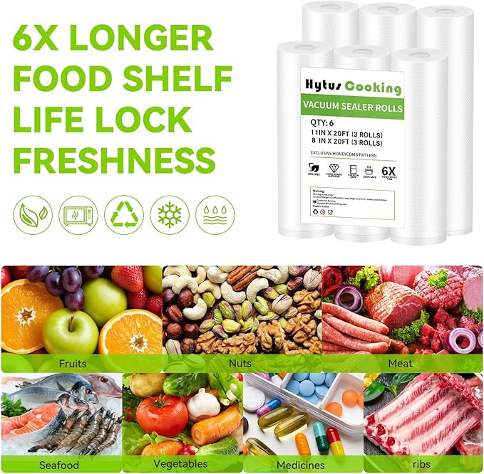 [ 8 Pack ] Vacuum Sealer Rolls Bags, 3 Rolls 11" x 20' and 3 Rolls 10" x 20' and 2 Rolls 8" x 20' Sous Vide Commercial Grade BPA Free Food Bag Rolls for Storage