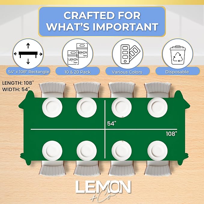 LEMON + Co. Green Rectangle Table Cover Disposable Plastic Tablecloth 54 Inch. x 108 Inch. Premium Decorative Rectangle Table Cover 20 Pack