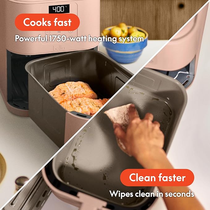 bella 6 Qt Slim Air Fryer, Fits-anywhere??Kitchenware, EverGood??Ceramic Nonstick Coating, Adjustable Temperature, 6 Preset Cooking Options, 60 Min Auto Shutoff w Audible Tone, 5lb Capacity, Blossom
