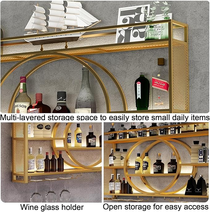 Modern Wine Storage Rack Wall Mounted With LED Light With Wine Glass Holder,Iron Bar Liquor Shelf,Floating Wall Wine Shelves,Bar Liquor Bottle Display Shelf For Kitchen Bar Decoration Gold/Black ( Col