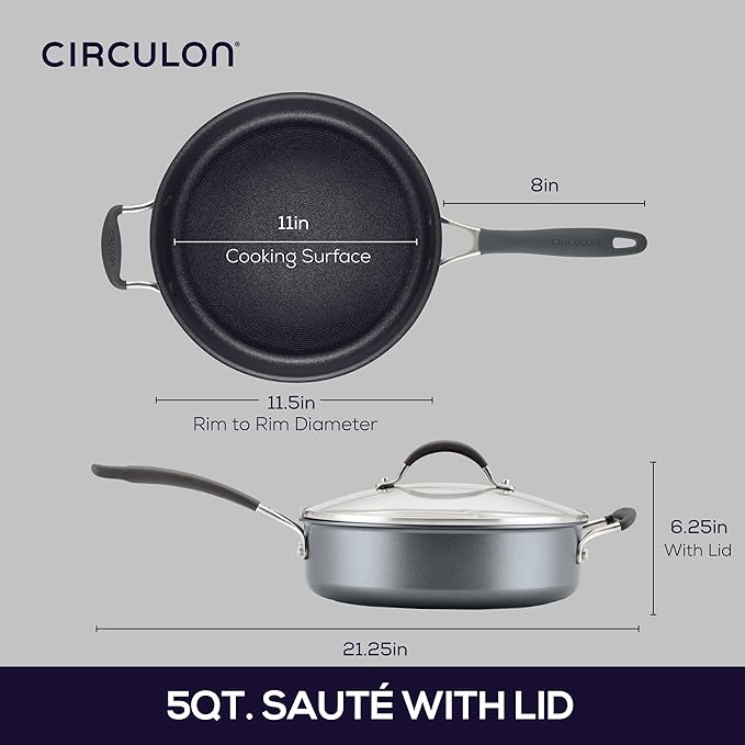 Circulon A1 Series with ScratchDefense Technology Nonstick Induction Saut챕 Pan with Helper Handle and Lid, 5 Quart, Graphite