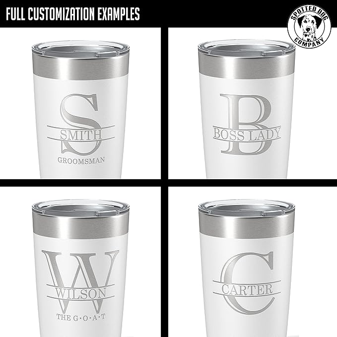 Personalized 20oz (17 Colors) Powder Coated Insulated Stainless Steel Tumbler with Lid, Custom Etched, Customized Engraved Gift Idea for Women Men Her Him, Halpert Monogram Initial Name (White)