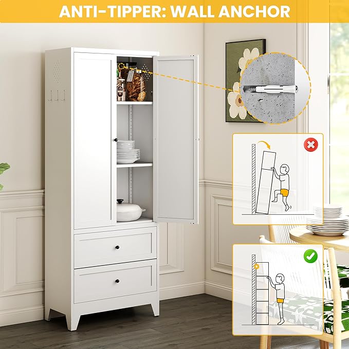 72" Metal Storage Cabinet with 2 Drawer, 2 Adjustable Shelves & Hooks, Utility Kitchen Pantry Cabinet for Home, Living Room, Pantry, Assemble Required (White)