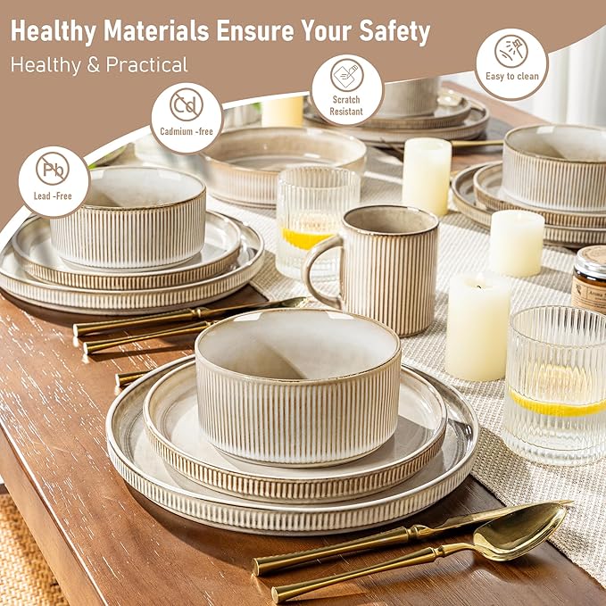 GBHOME Stoneware Dinnerware Sets for 8,Round Reactive Glaze Ceramic Plates and Bowls Set,Highly Scratch Resistant| Dishwasher & Microwave Safe Dishes Set,Service for 8(24pc)竊똂appuccino