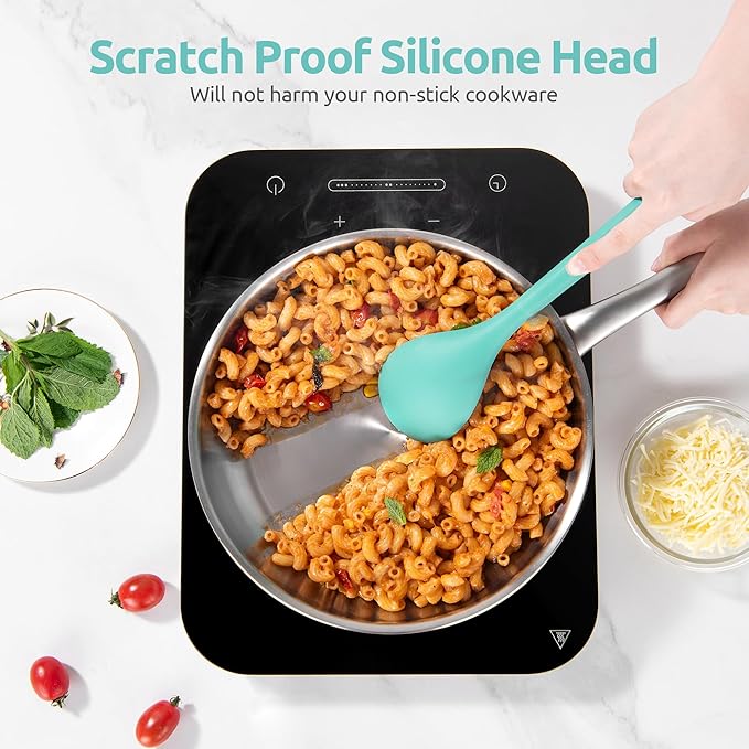 600쨘F Heat Resistant Kitchen Utensil: U-Taste 13.6" Extra Long Silicone Cooking Tools Set, Food-Grade Non-Stick Solid and Slotted Turner Spatula, Mixing Spoon, and Soup Ladle (5 Pieces, Aqua Sky)