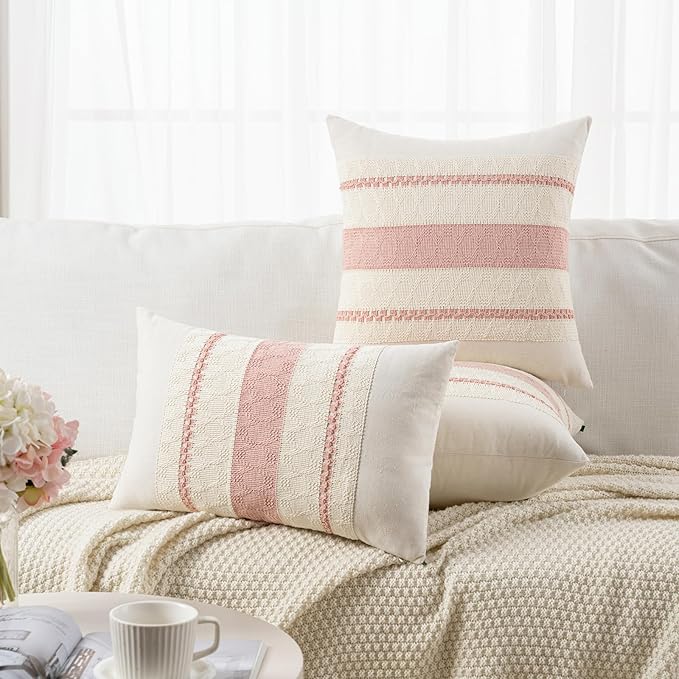 Fancy Homi Set of 2 Boho Pink Decorative Throw Pillow Cover 20x20 Inch for Couch Bed Sofa, Aesthetic Modern Organic Farmhouse Home Decor, Soft Cotton Cute Accent Macrame Woven Cushion Case