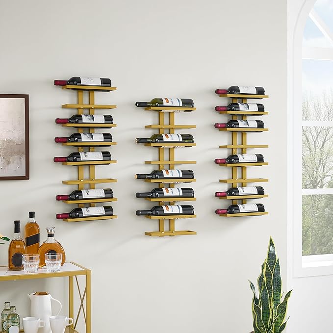 Hoctieon 3-Set 8 Tier Wall Mount Wine Rack (24 Tiers), Wall Racks for Wine Bottles Display and Storage, Hanging Bottle Organizer for Living Room, Dining Room, Wine Cellar, Bar, Gold