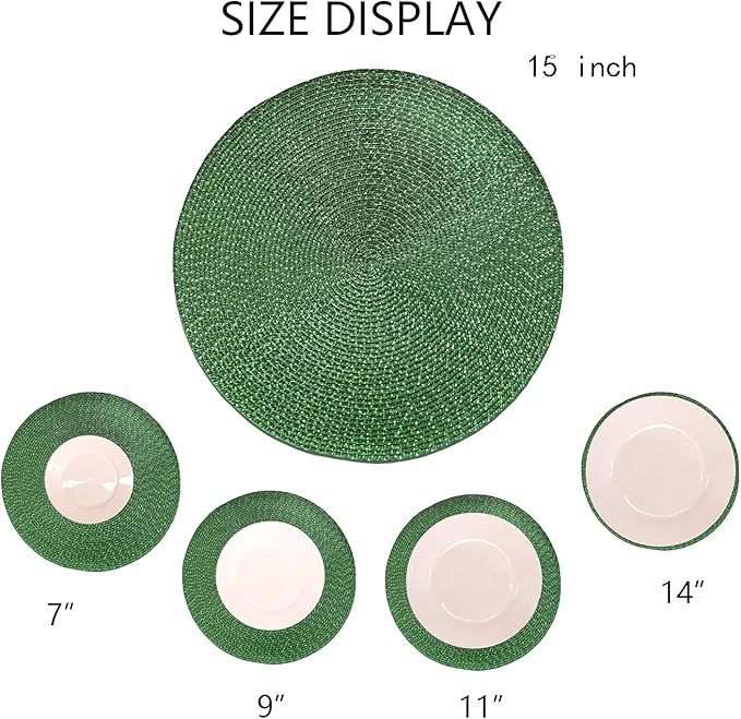 Youyi Better Lifes 15 inch Round Braided Placemats Set of 8 Washable Durable Woven Placemats Non-Slip Green Table Mats for Dining Tables Home Decor