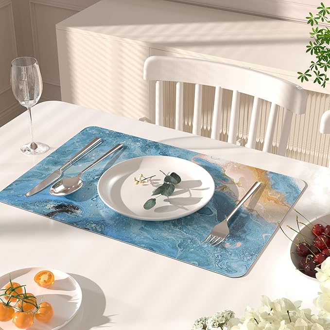 QIYI Placemats Set of 6, 12x18 Inch Faux Leather Place Mats for Kitchen Dinning, Heat Resistant Anti Slip Pink Gold Table Mats, Waterproof Wipeable Washable Placemat Party Table D챕cor, Blue Marble