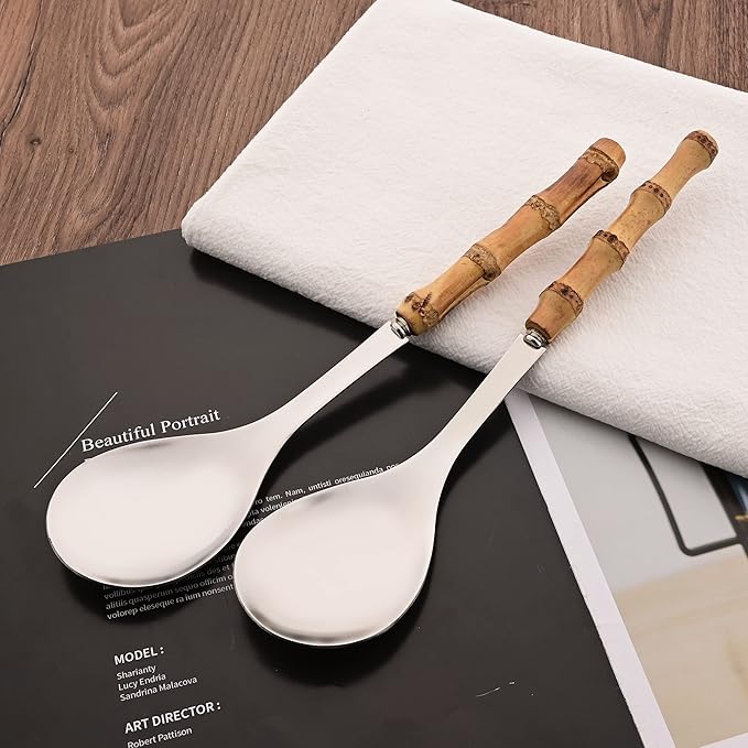 Serving Spoons Set of 2, 10.0" Stainless Steel Serving Spoons with Natural Bamboo Handle, Silver Large Serving Utensils of Spoons, Big Ladle for Buffet, Party, Banquet, Kitchen, Tablespoons Flatware