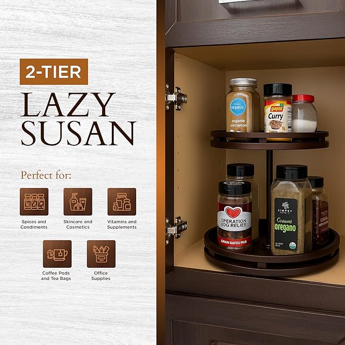 2 Tier Lazy Susan Organizer ??12" Bamboo Rotating Spice Rack Organizers with Adjustable Height Turntable for Cabinet, Pantry, Medicine Cabinet, Kitchen, Spinning Bathroom Counter Top Organizers