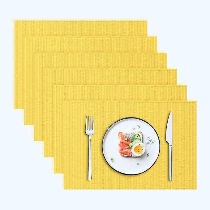 Blue Forest | Rectangular Faux Linen Placemats Set of 6 | Dual- Layered Thickened for Durability | Heat Resistant | Machine Washable | Wrinkle Free for Easy Care Indoor/Outdoor Use - Bright Yellow