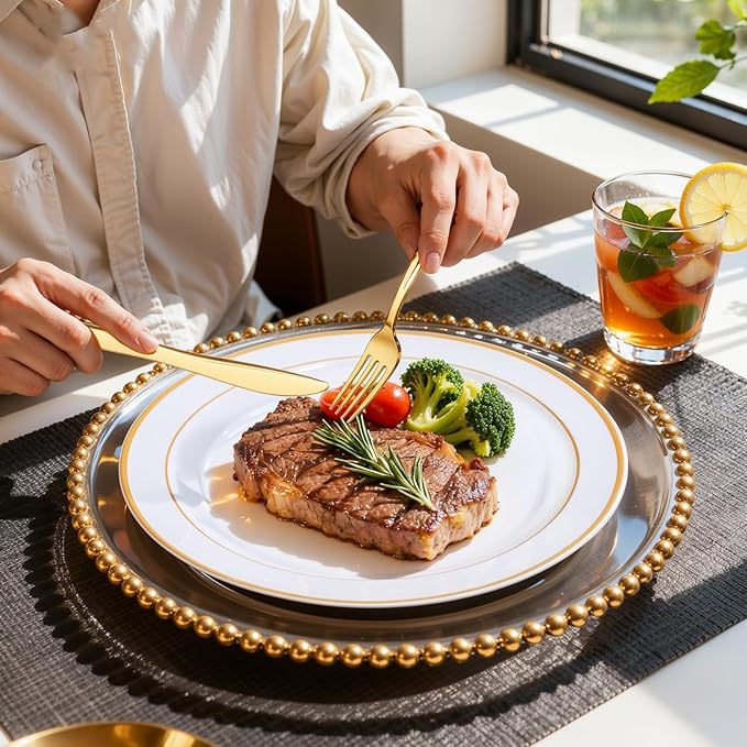350Piece Gold Dinnerware Set for 50 Guests - Gold Plastic Plates with Disposable Cutlery Include:50Dinner Plates-50Dessert Plates-50Pre Rolled Napkins with Silverware for Valentine?셲 Day